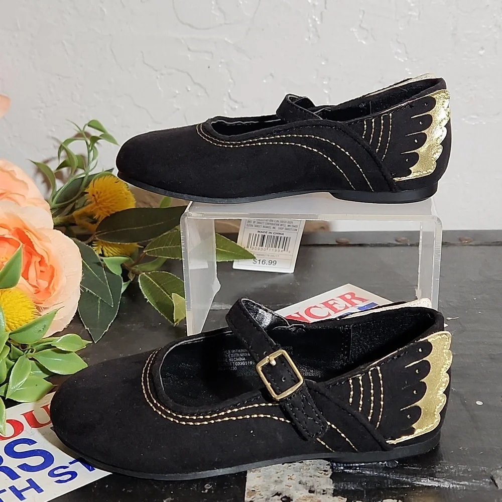 CAT & JACK Black Catlin Gold Wing Mary Jane 8 Toddler